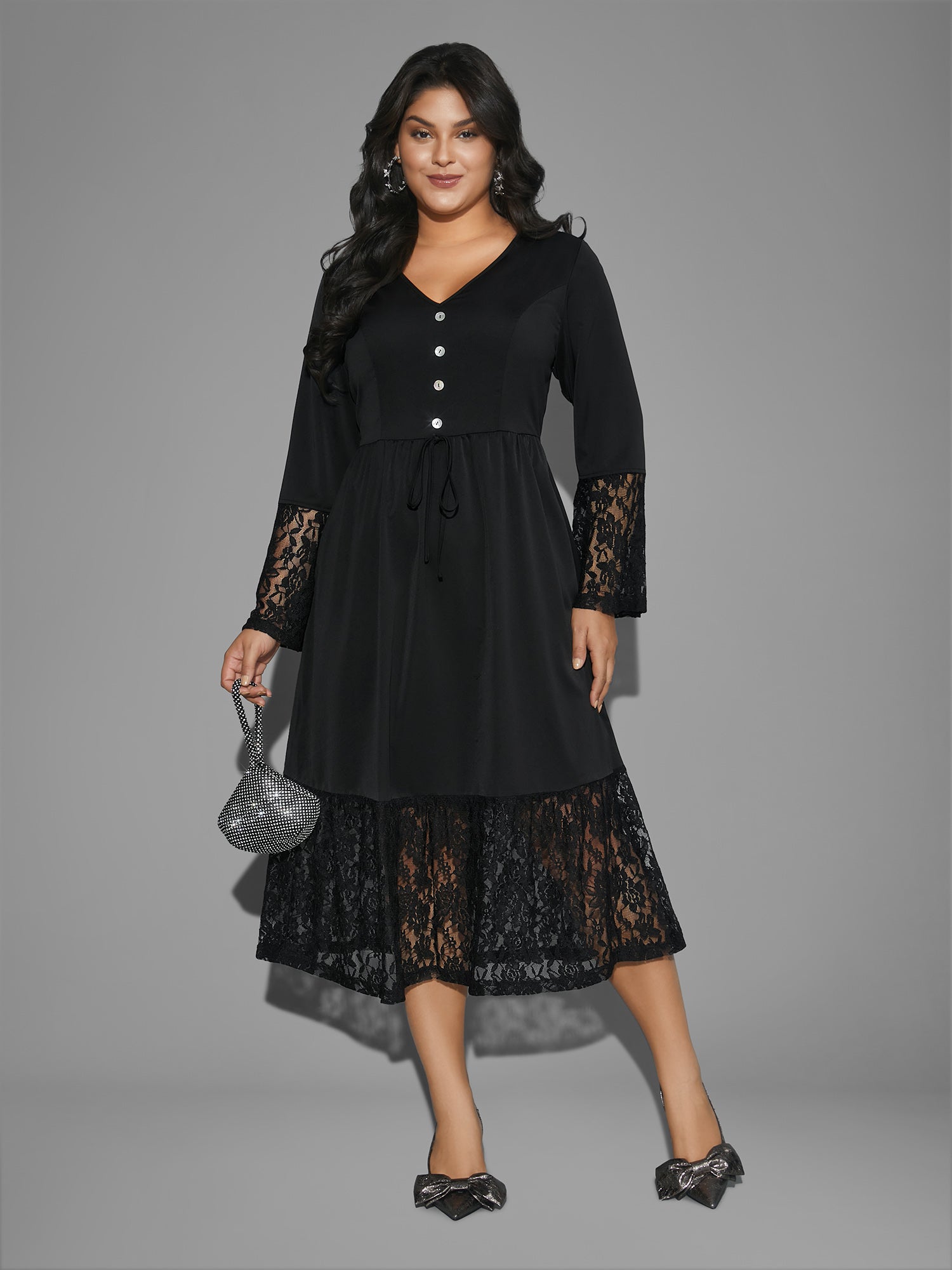 Lace Patchwork Button Detail Tie Knot Dress