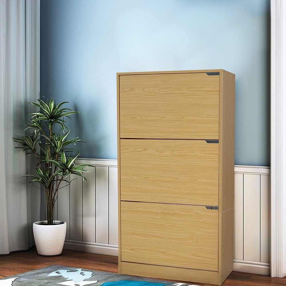 Wood Shoe Cabinet with 3 Doors, Shoe Cabinets, Retractable Handles, Double Depth, 63 x 24 x 115 cm