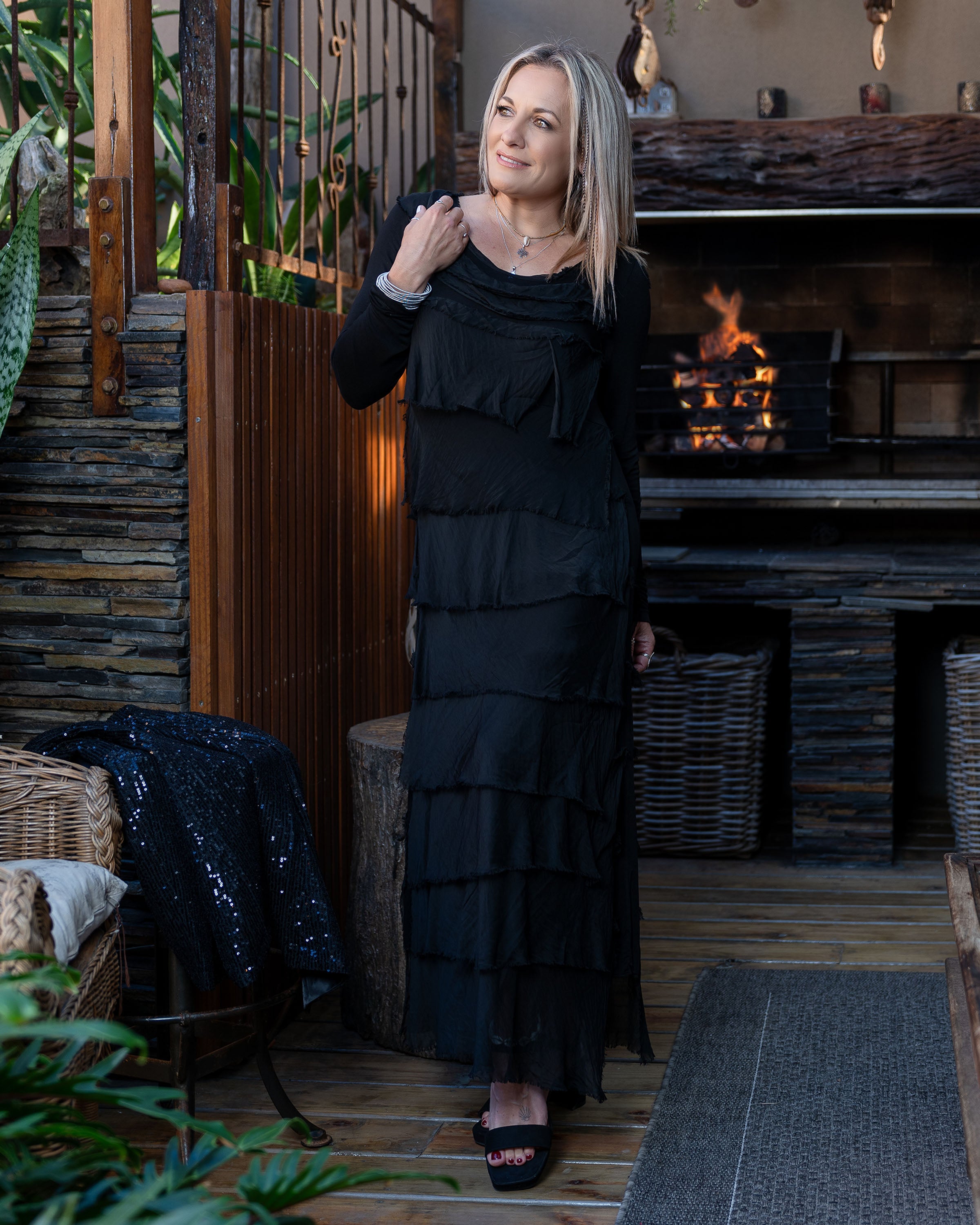 Whimsical Fringe Maxi Dress | Black