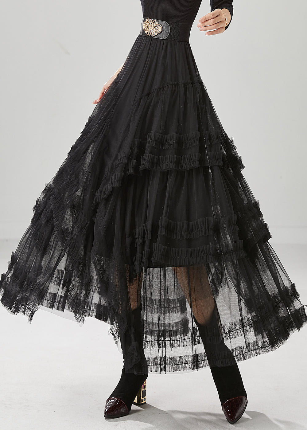 Black Elastic Waist Ruffled Tulle A Line Skirt Fall