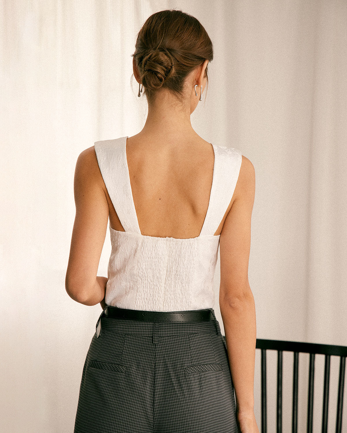 The White Square Neck Jacquard Tank Top