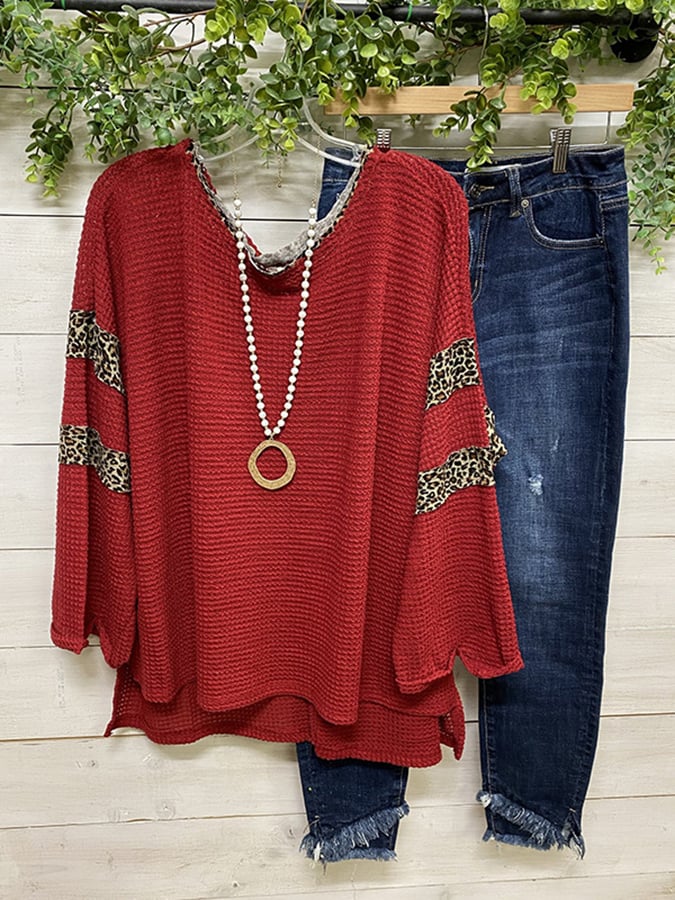 Leopard Stitching Design Waffle Long-Sleeved Shirt