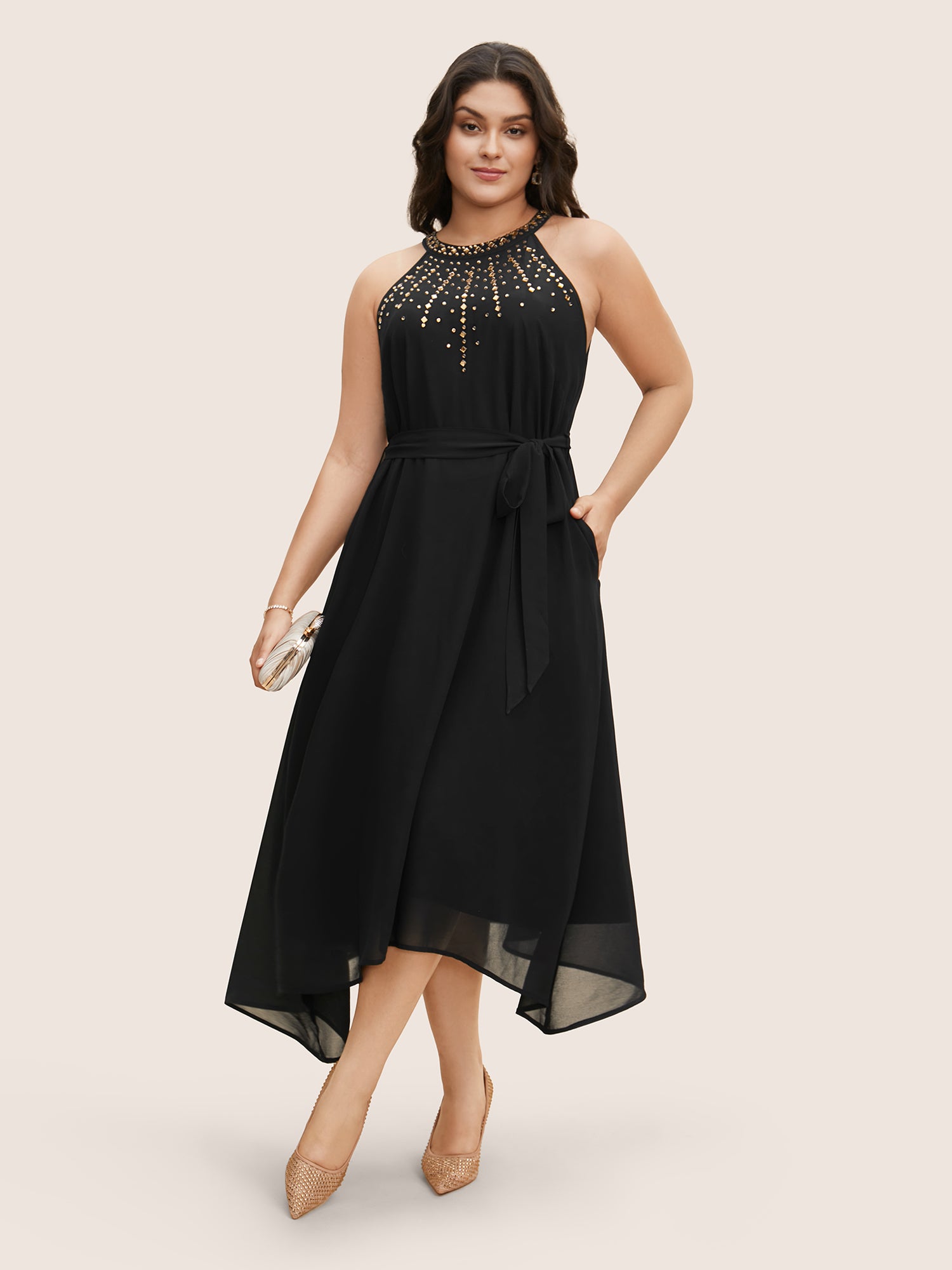 Halter Neck Rhinestone Detail Asymmetrical Hem Dress