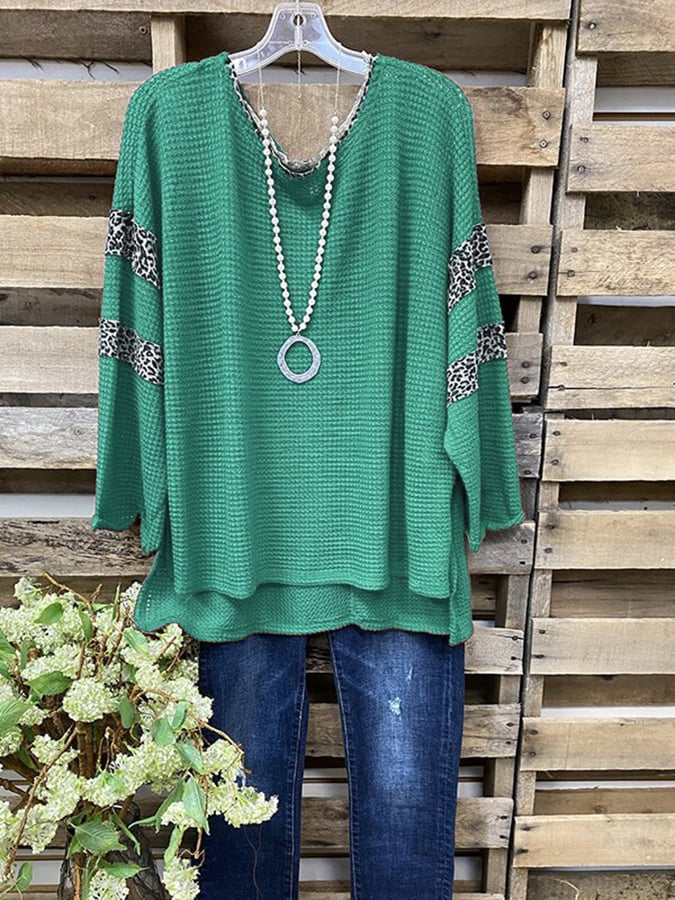 Leopard Stitching Design Waffle Long-Sleeved Shirt