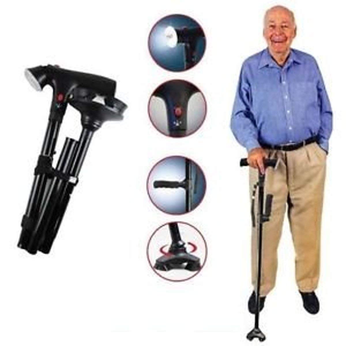 Twin Grip Cane LED Folding Walking Triple Head Pivot Base Adjustable