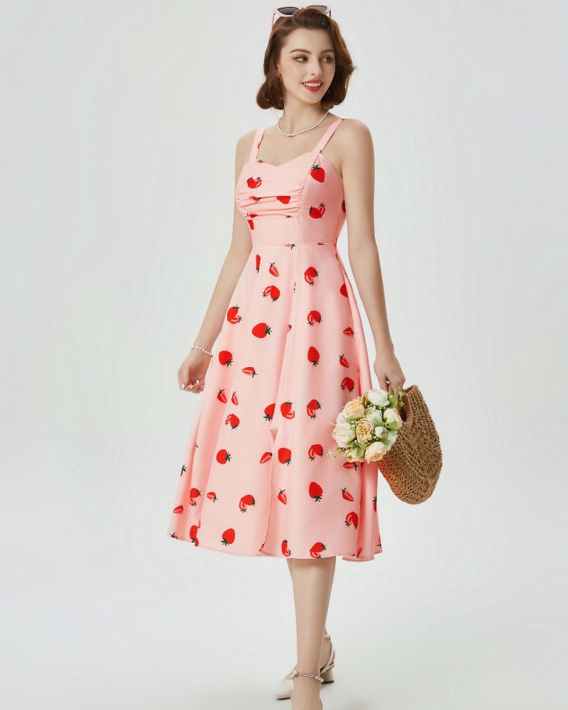 Vintage Floral Patterns Cocktail Dress Sleeveless Spaghetti Strap Ruched Slit A Line Swing Dress with Pockets