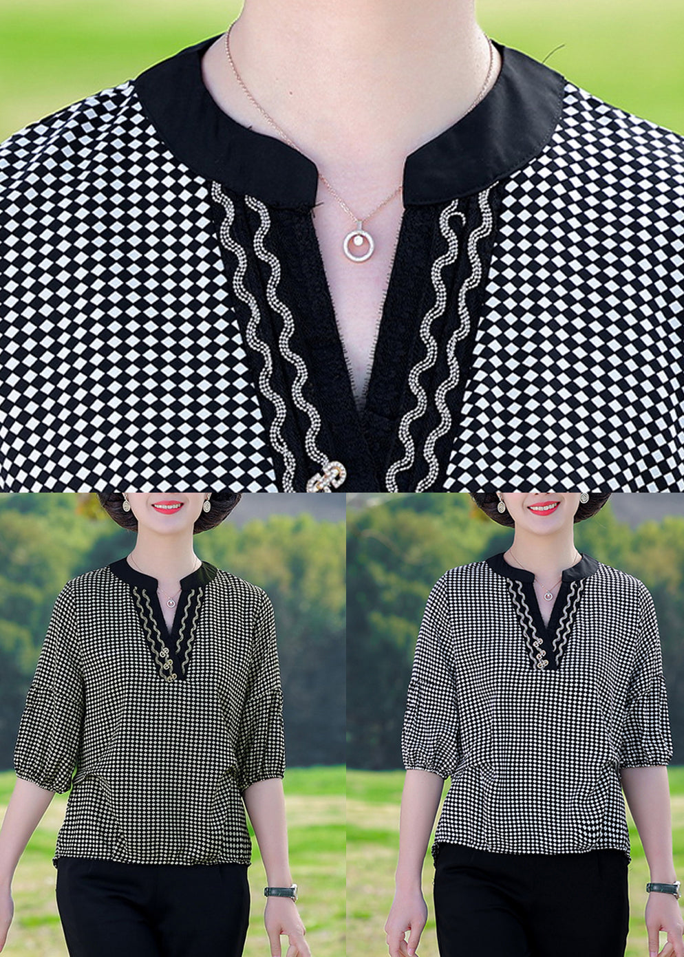 Coffee Plaid Patchwork Cotton T Shirt V Neck Summer
