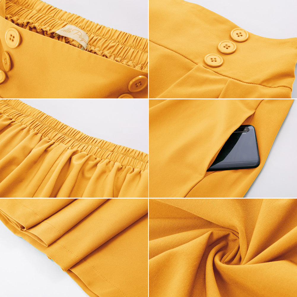 Cherry Patterns Pleated Buttons Decorated Elastic Waist High Waist Swing A-Line Skirt with Pockets