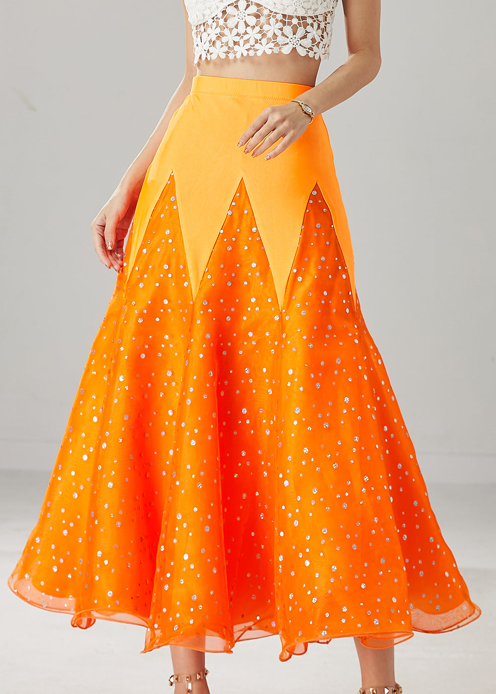 Orange Silm Fit Patchwork Zircon Tulle Skirts Spring