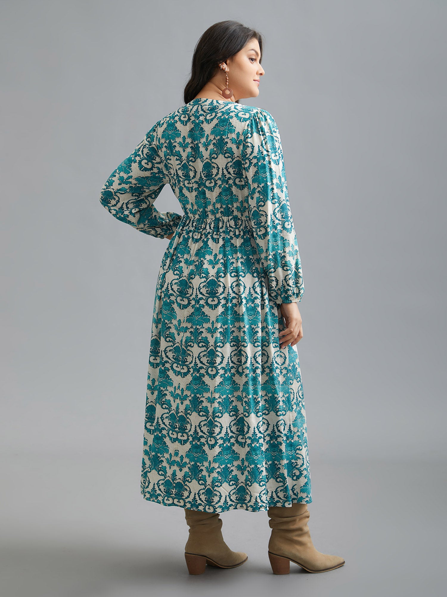 Boho Print Notched Tie Knot Maxi Dress