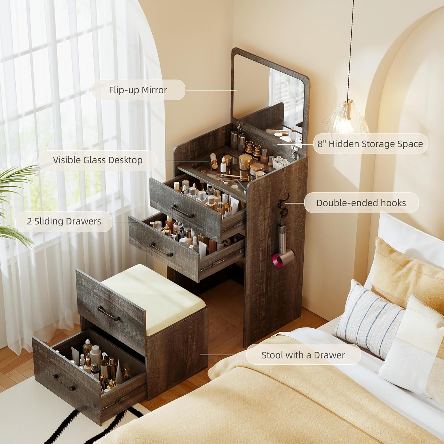 3 in 1 Vanity Desk with Flip Top Mirror for Bedroom