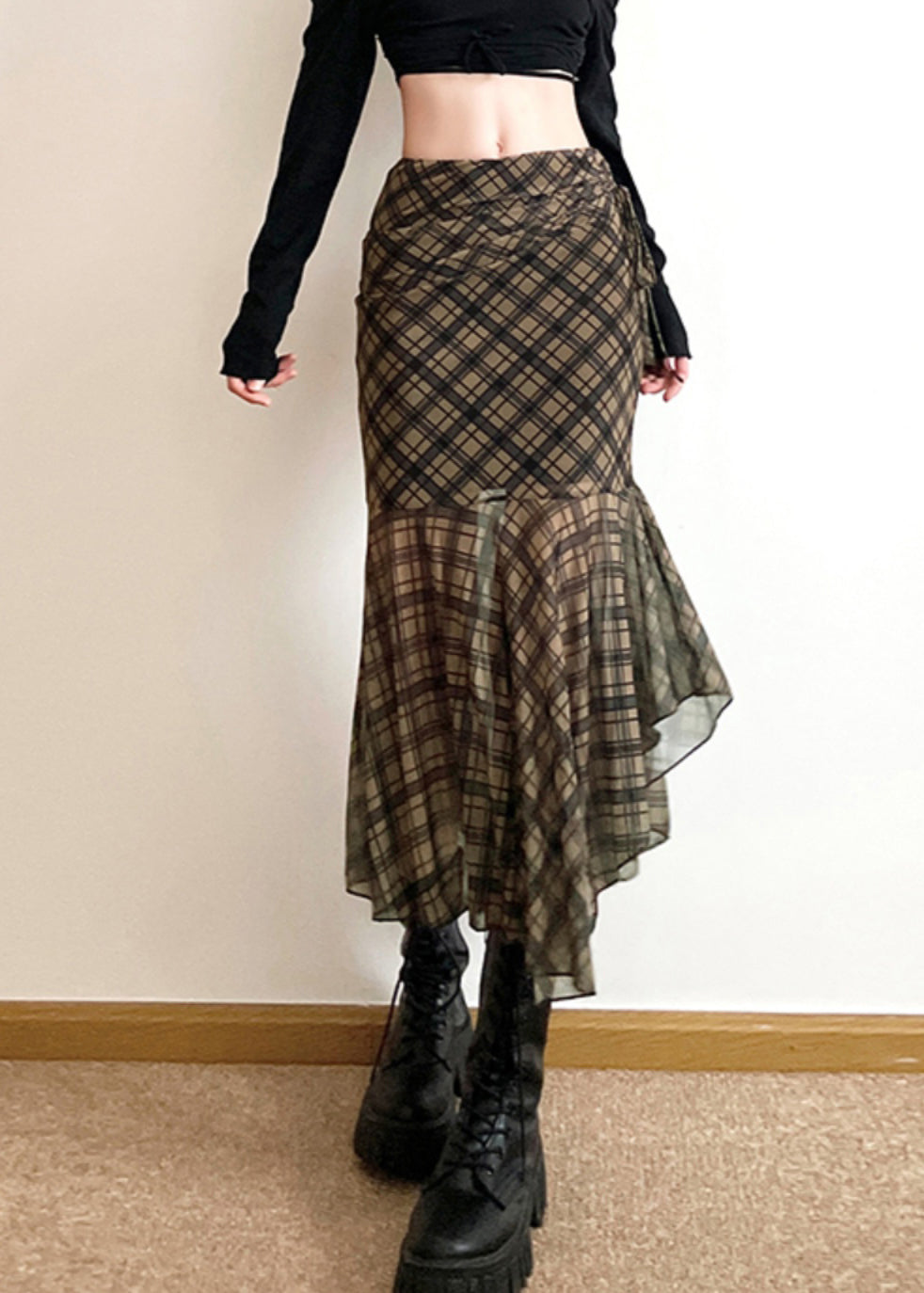 Stylish Asymmetrical Plaid Patchwork Chiffon Skirts Summer