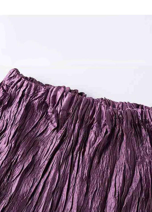 Purple Elastic Waist Wrinkled Exra Large Hem Silk Skirts Summer