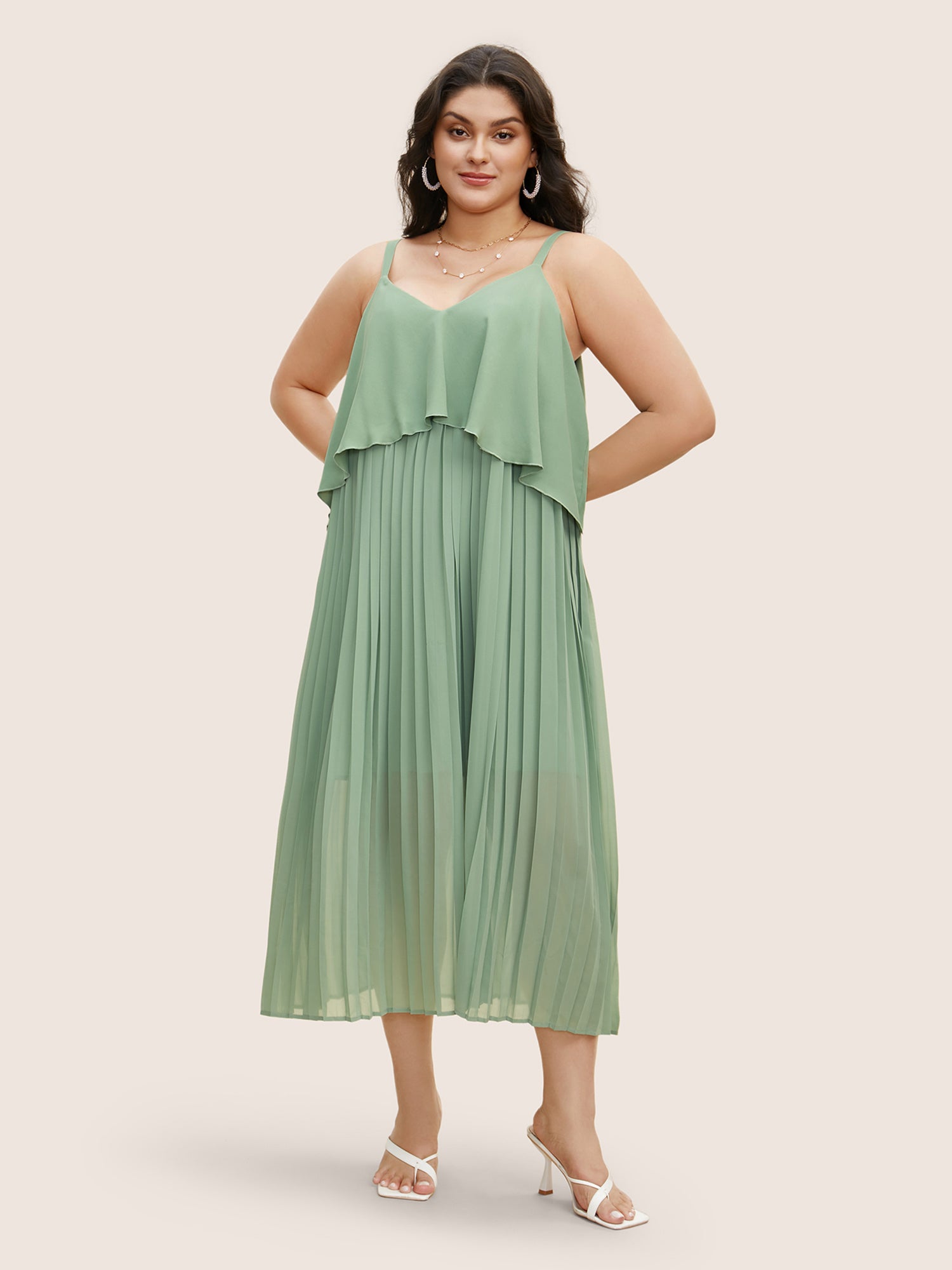 Plain Tiered Ruffles Pleated Cami Dress