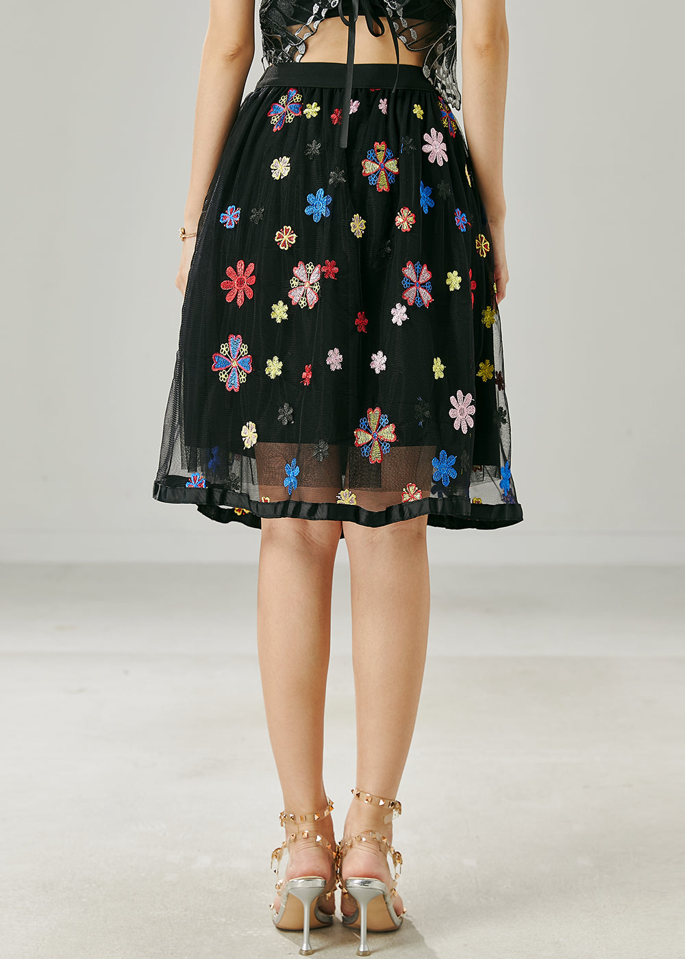 Plus Size Black Embroidered Floral Tulle Skirt Summer