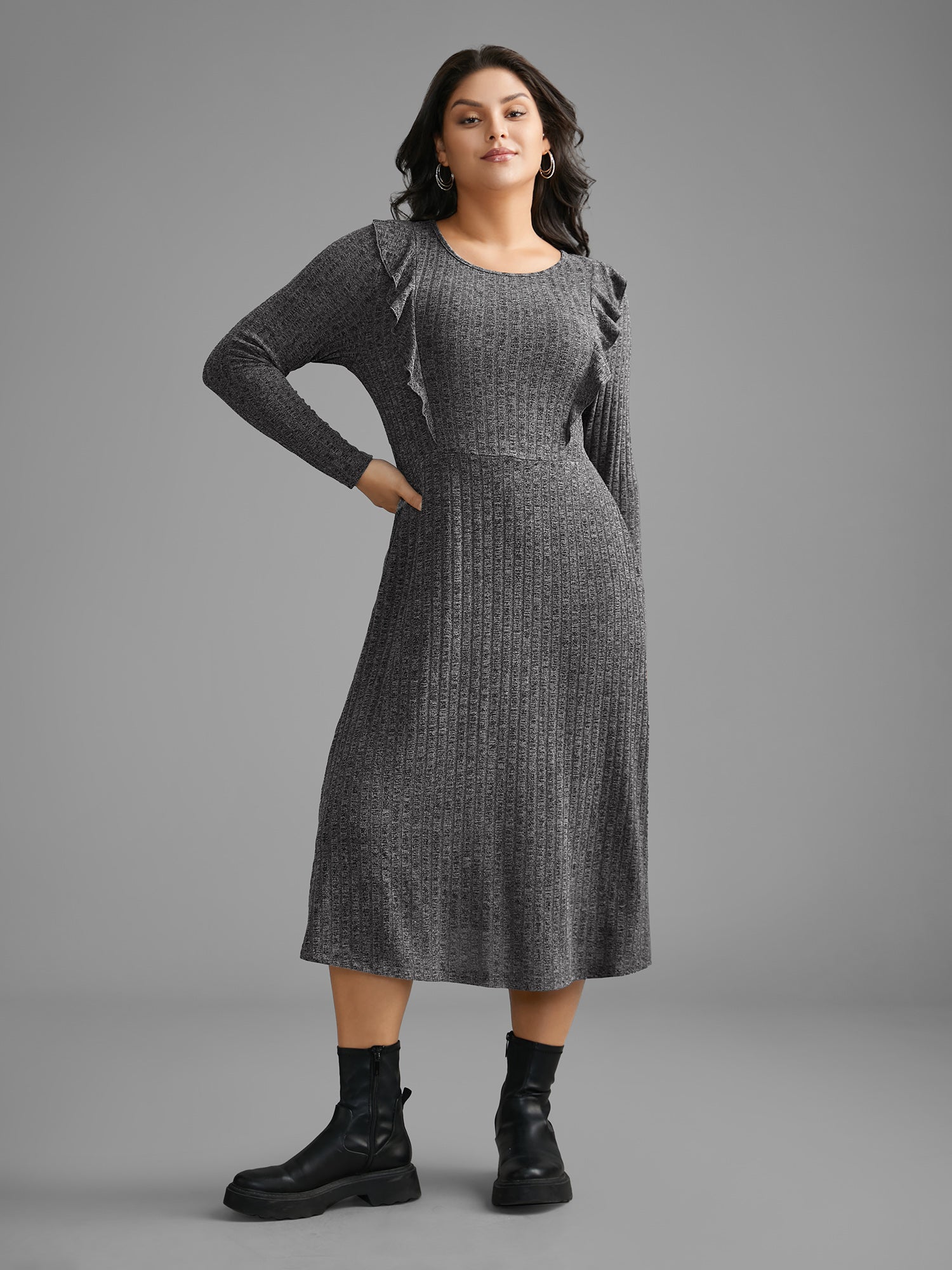 Crew Neck Ruffle Trim Knit Dress