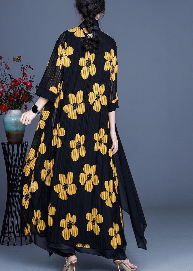 DIY Yellow Floral Summer Three Quarter sleeve Silk Long Loose Jacket