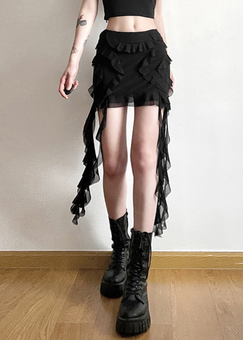 Beautiful Black Ruffled Patchwork High Waist Tulle Skirt Summer