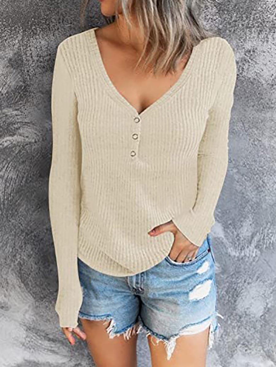 Solid Color V-Neck Long-Sleeved T-Shirt