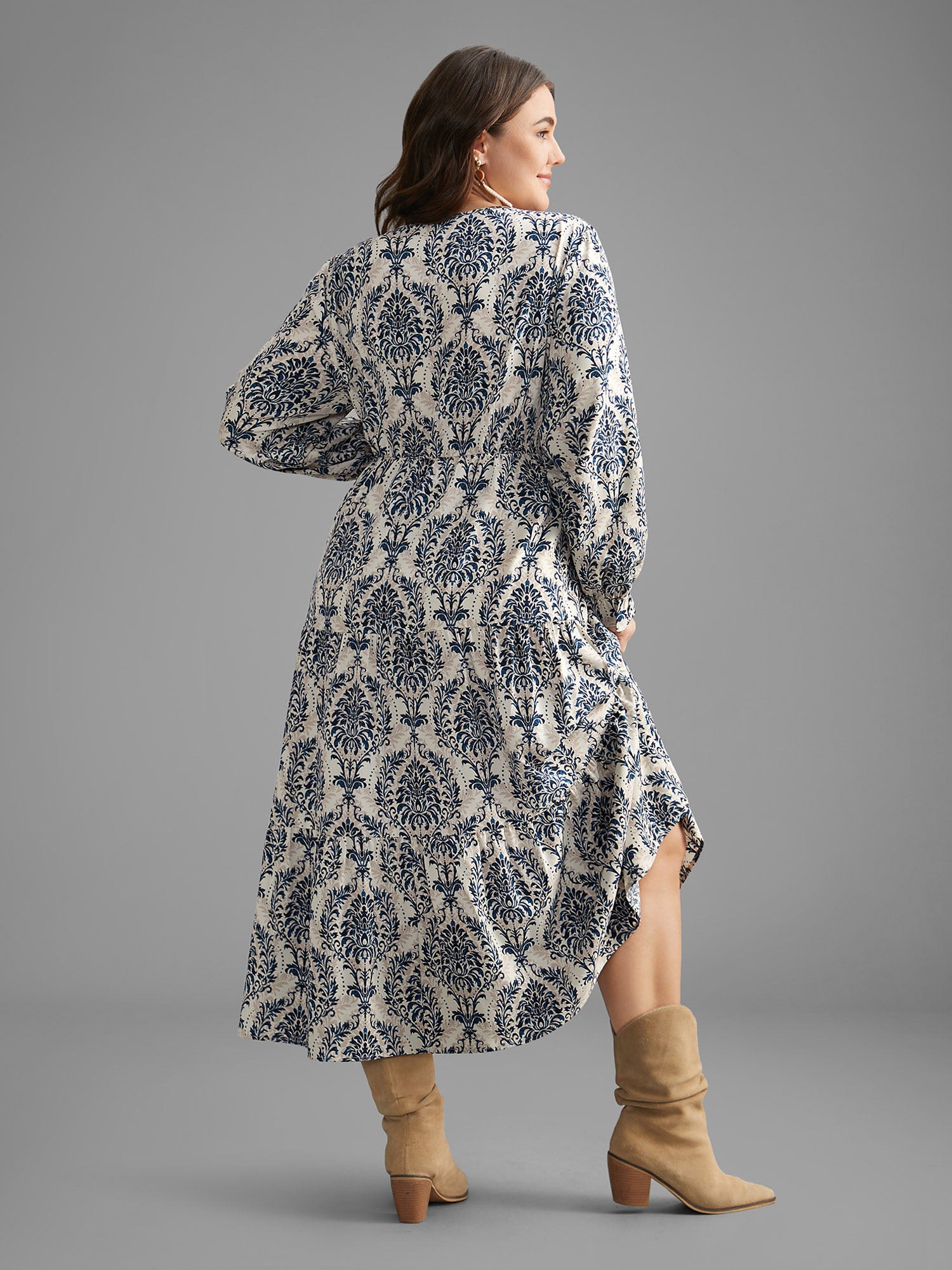 V Neck Boho Print Ruffles Maxi Dress