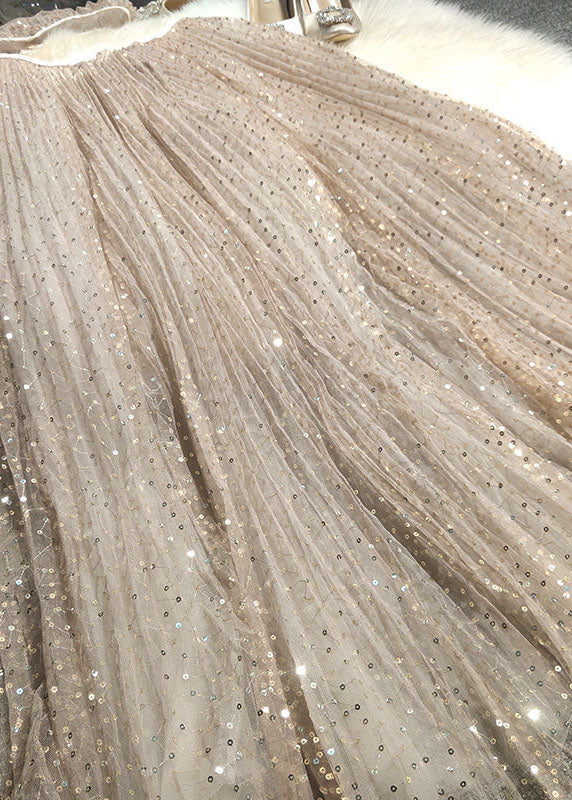 Bohemian Khaki Embroidered Sequins Tulle A Line Skirt Spring
