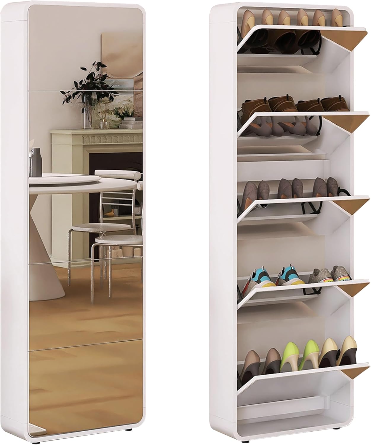 Entrance Shoe Locker, 5 Tier Full Length Mirror Shoe Organizer Wooden Narrow Shoe Cabinet, White Shoe Rack for Front Door Entrance Outdoor
