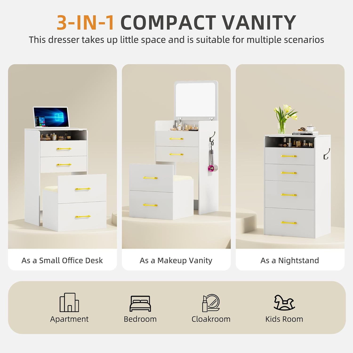 3 in 1 Vanity Desk with Flip Top Mirror for Bedroom