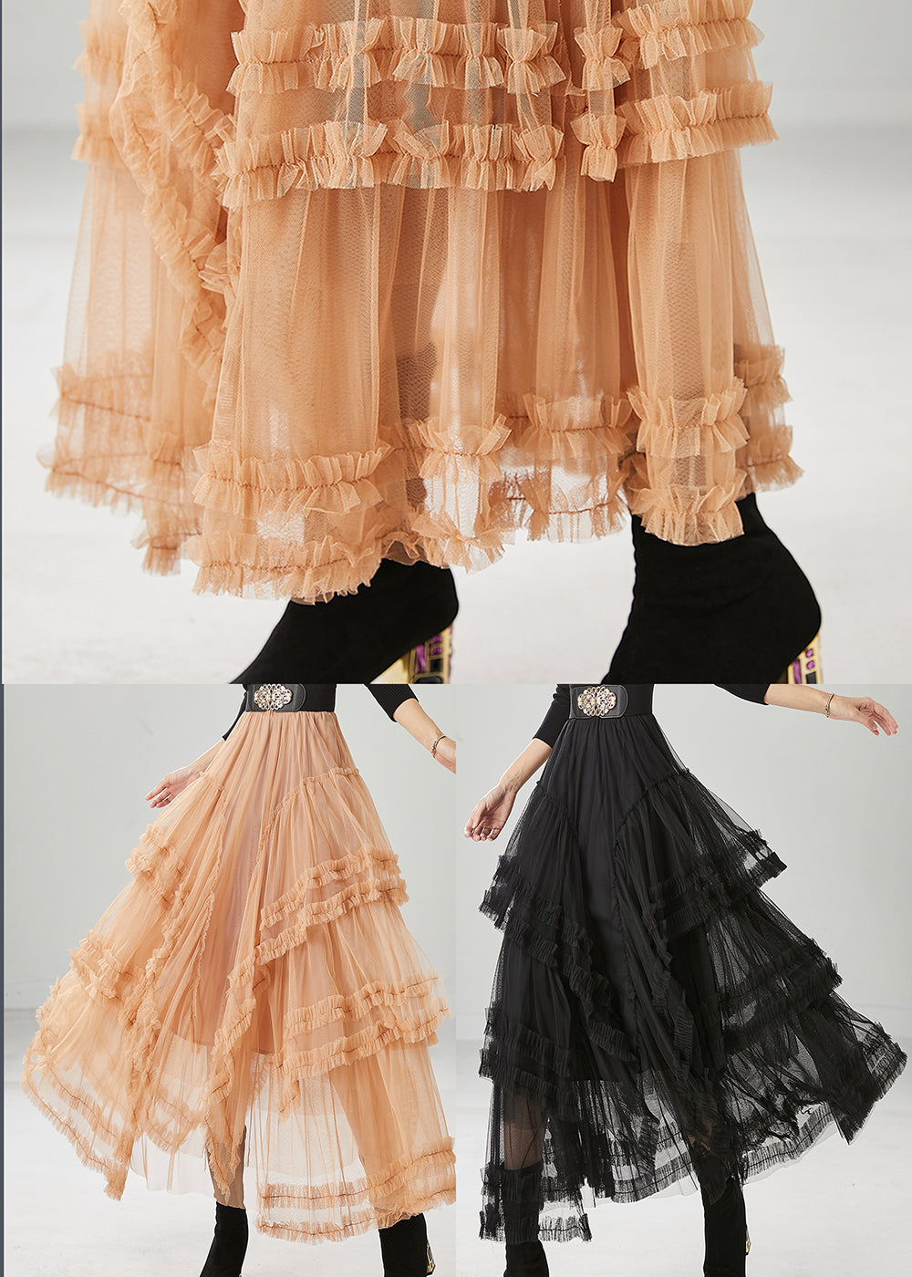 Black Elastic Waist Ruffled Tulle A Line Skirt Fall