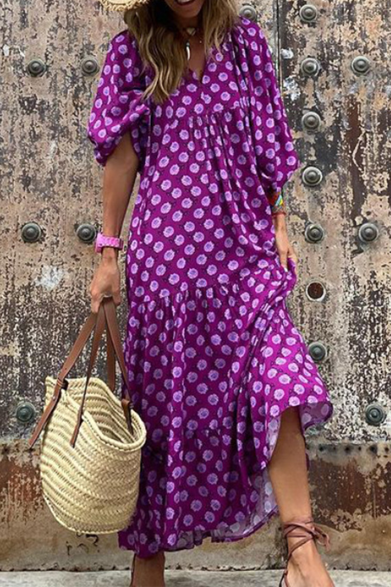 Casual Geometric Frenulum Flounce V Neck A Line Dresses(7 Colors)