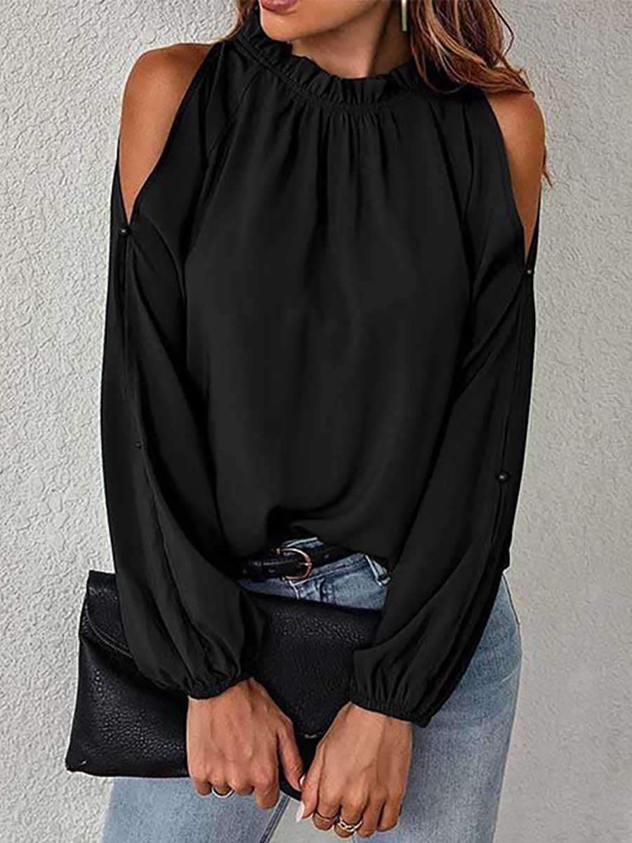 Round neck off-shoulder chiffon shirt