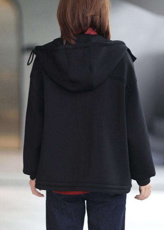 Organic Black Loose Zippered Pockets Fall Hoodie Coat Long Sleeve