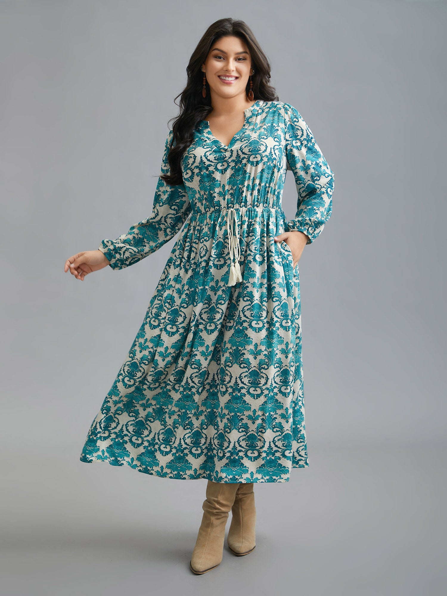 Boho Print Notched Tie Knot Maxi Dress