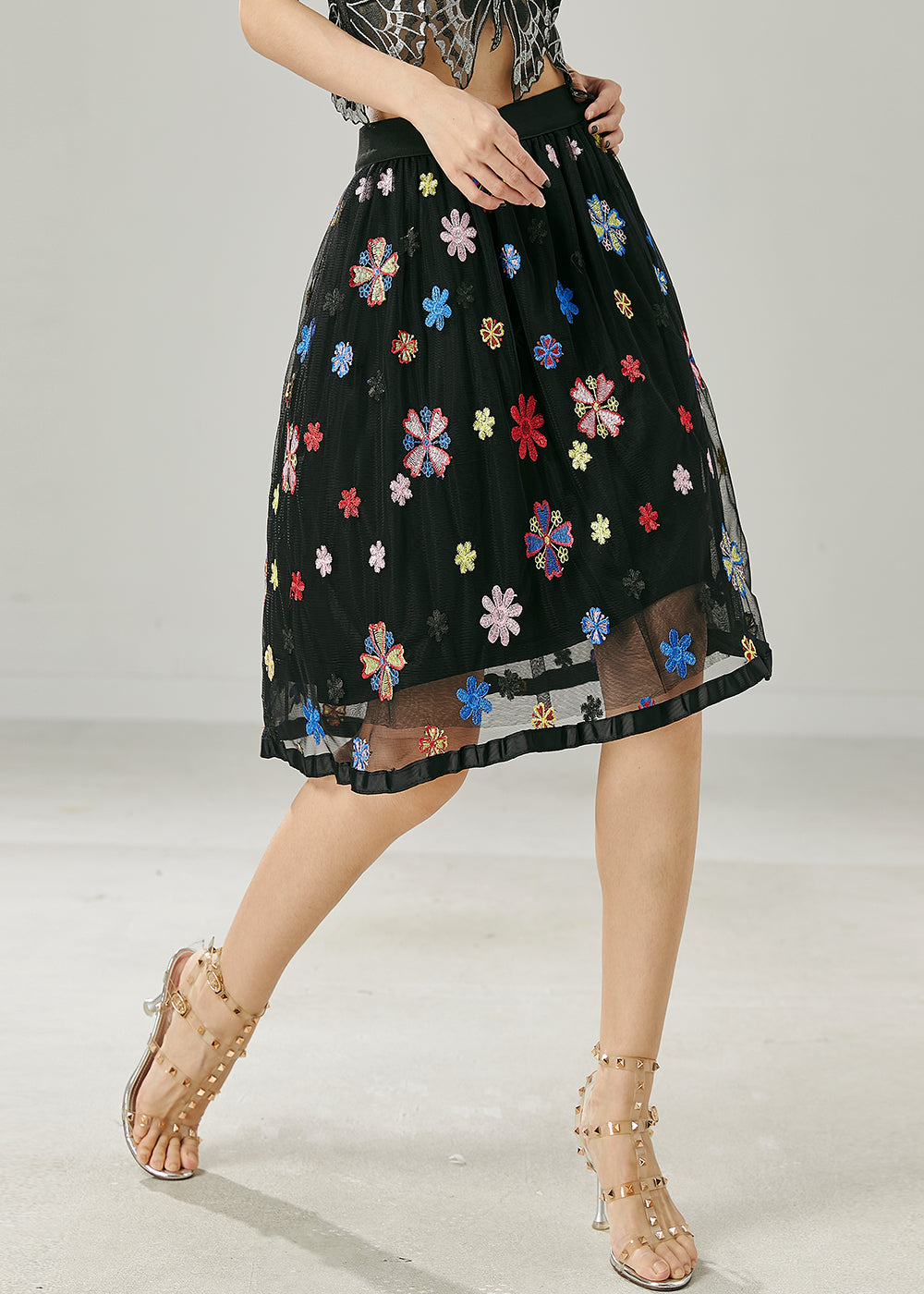 Plus Size Black Embroidered Floral Tulle Skirt Summer