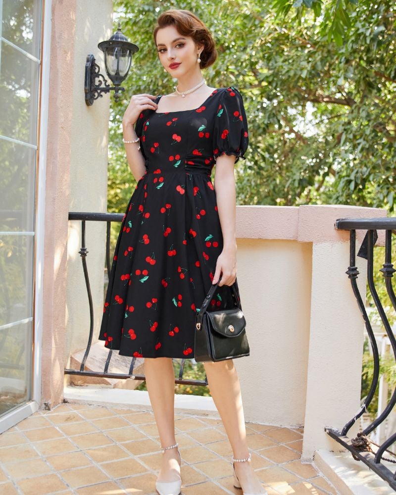 Vintage Floral Patterns Cottagecore Cocktail Dresses Square Neck Puff Sleeve Dress with Pockets