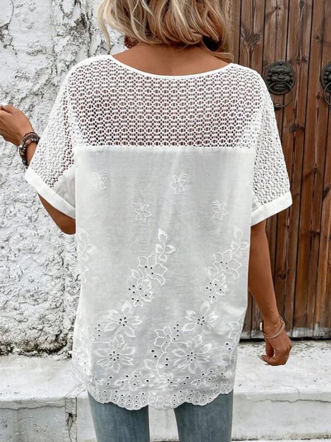 V-Neck Embroidered Hollow Bat Sleeve Shirt