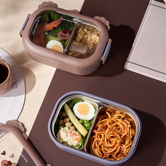 Stainless Steel Children Bento Lunch Box. Bear Cartoon Lunch Box Container Double Sided Lock Design