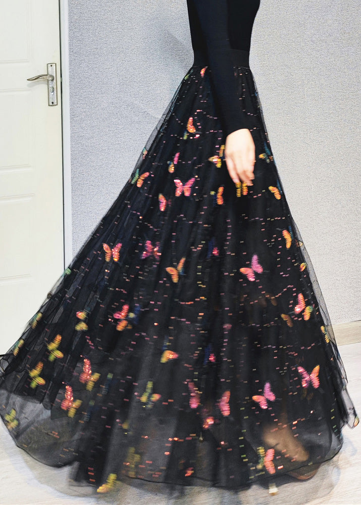 Embroidered Floral High Waist Sequins Tulle Maxi Skirts Spring