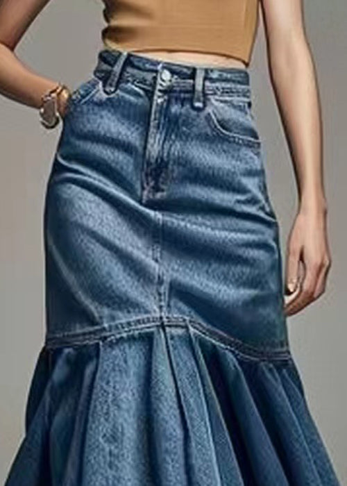 Blue Wrinkled High Waist Fishtail Skirt Summer