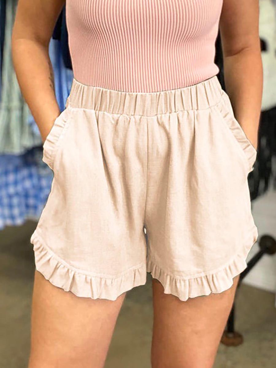 Elastic Waist Wide Leg Ruffle Cotton Linen Shorts