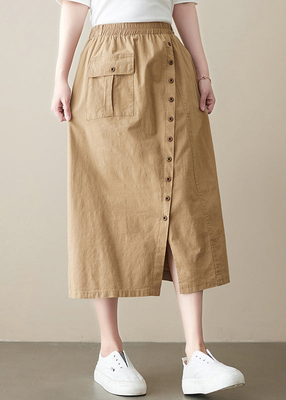 Boutique Khaki Asymmetrical side open elastic waist Button Linen Skirt Spring