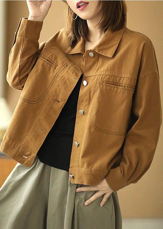 Plus Size Brown Peter Pan Collar Pockets Button Fall Coats Long Sleeve