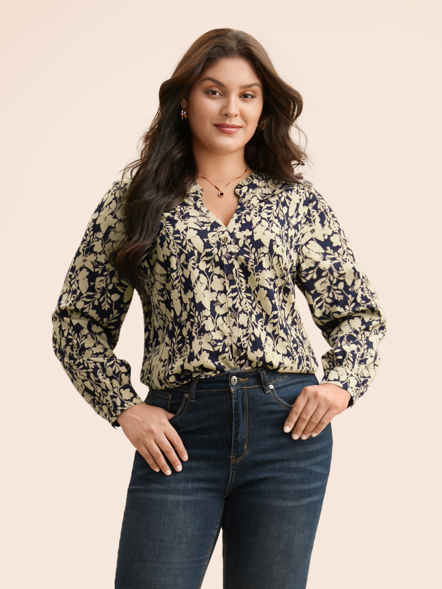 Silhouette Floral Print Notched Frill Trim Blouse