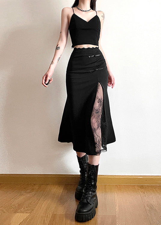 New Chinese Style Black Lace Patchwork Slit Skirt Summer