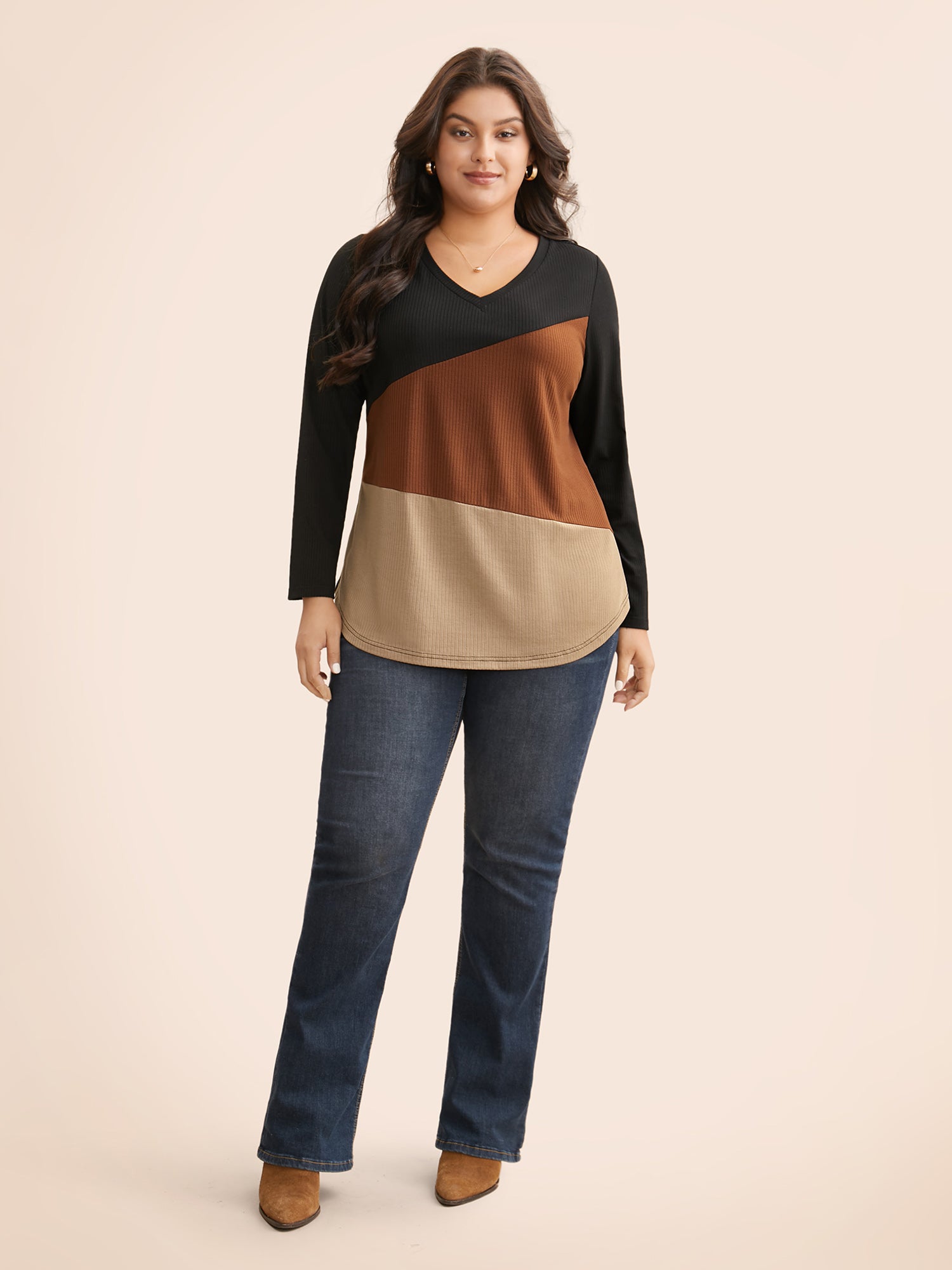 V Neck Contrast Patchwork Rib Knit T-shirt