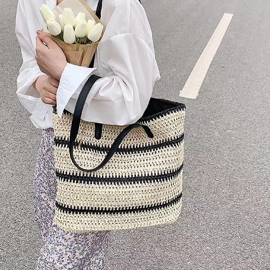 Woven Straw Tote Bag in Black Stripe