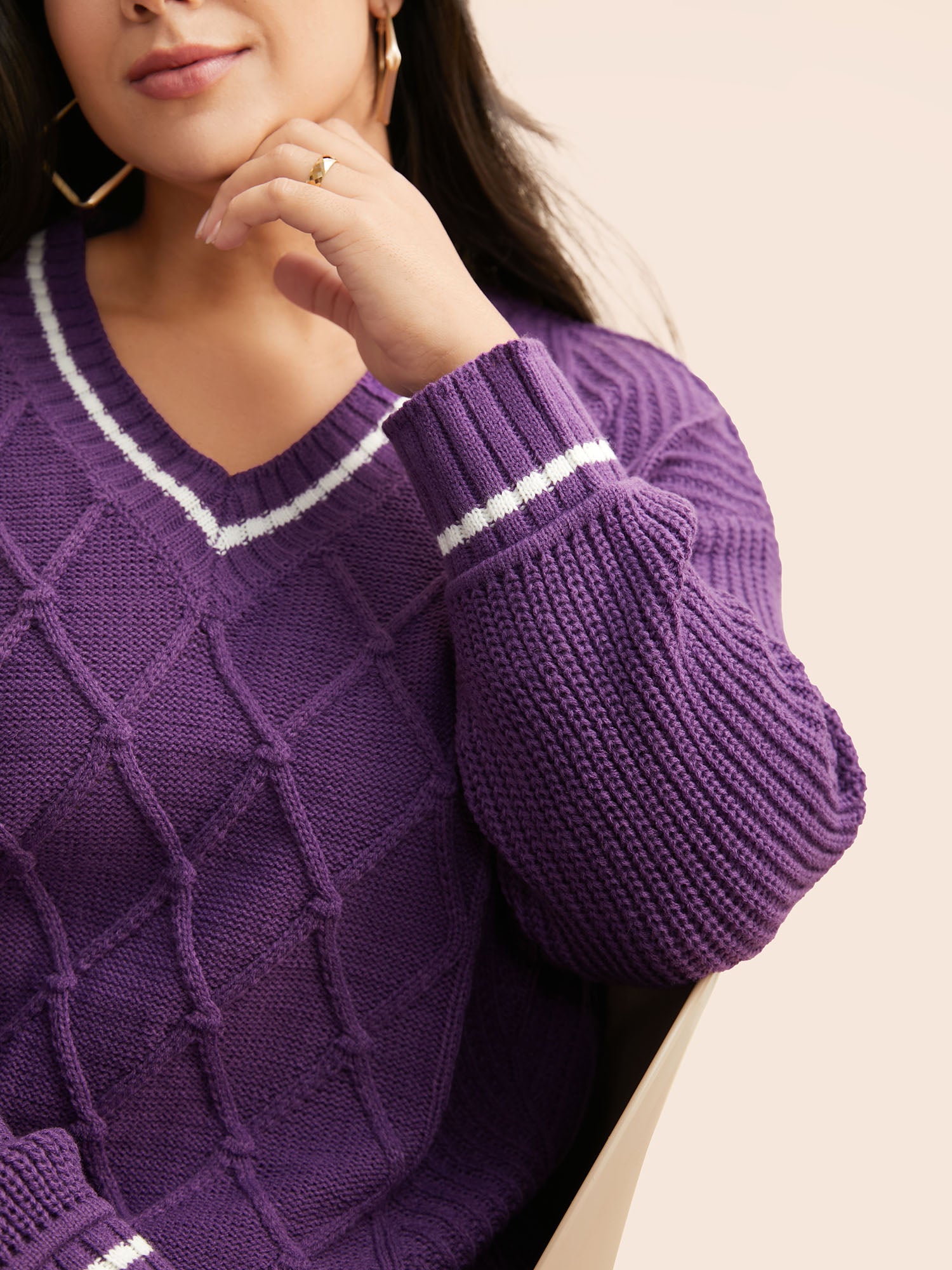 Contrast Trim V Neck Texture Pullover