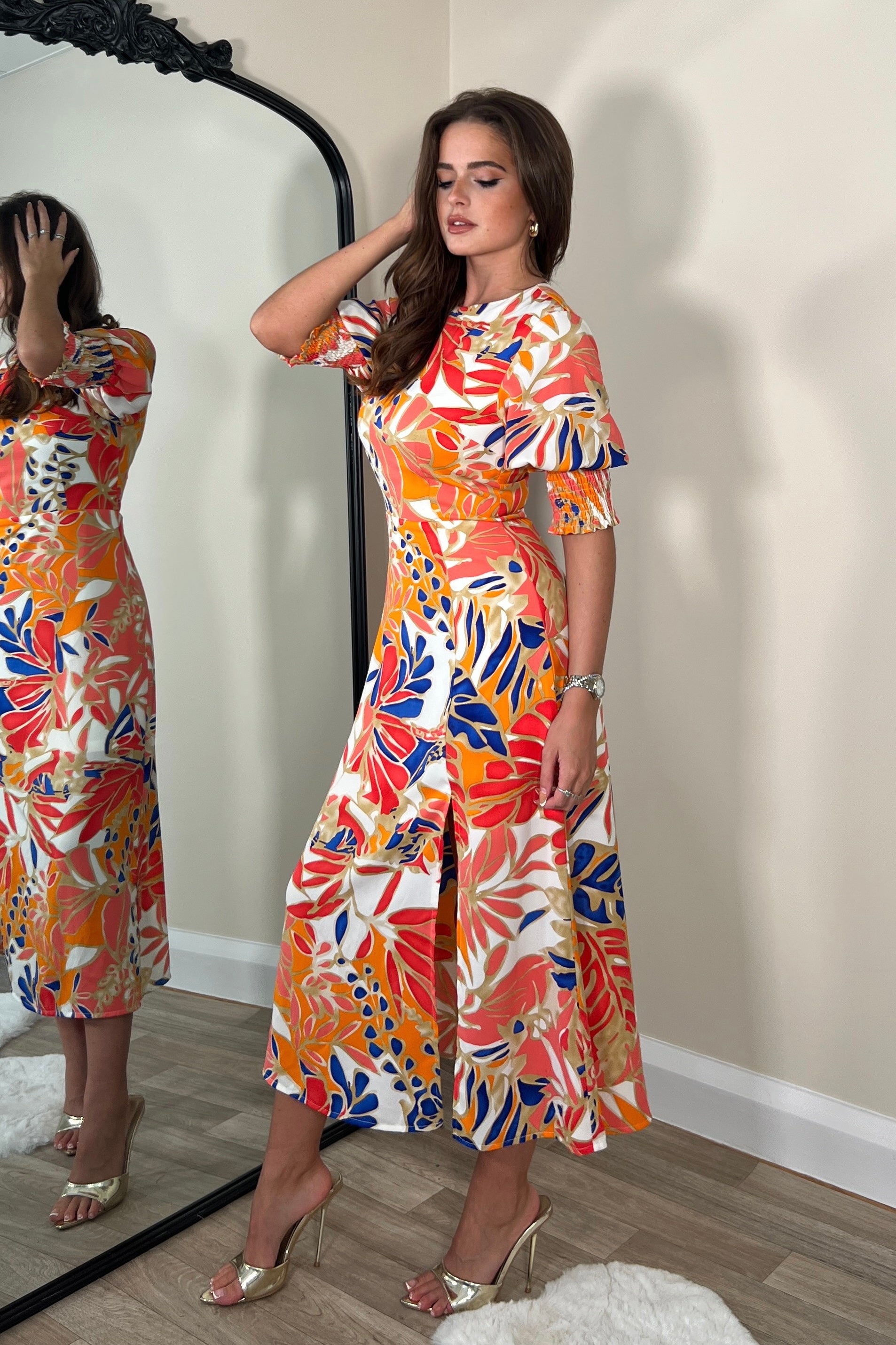 Shayla Orange Shirred Cuff Midi Dress