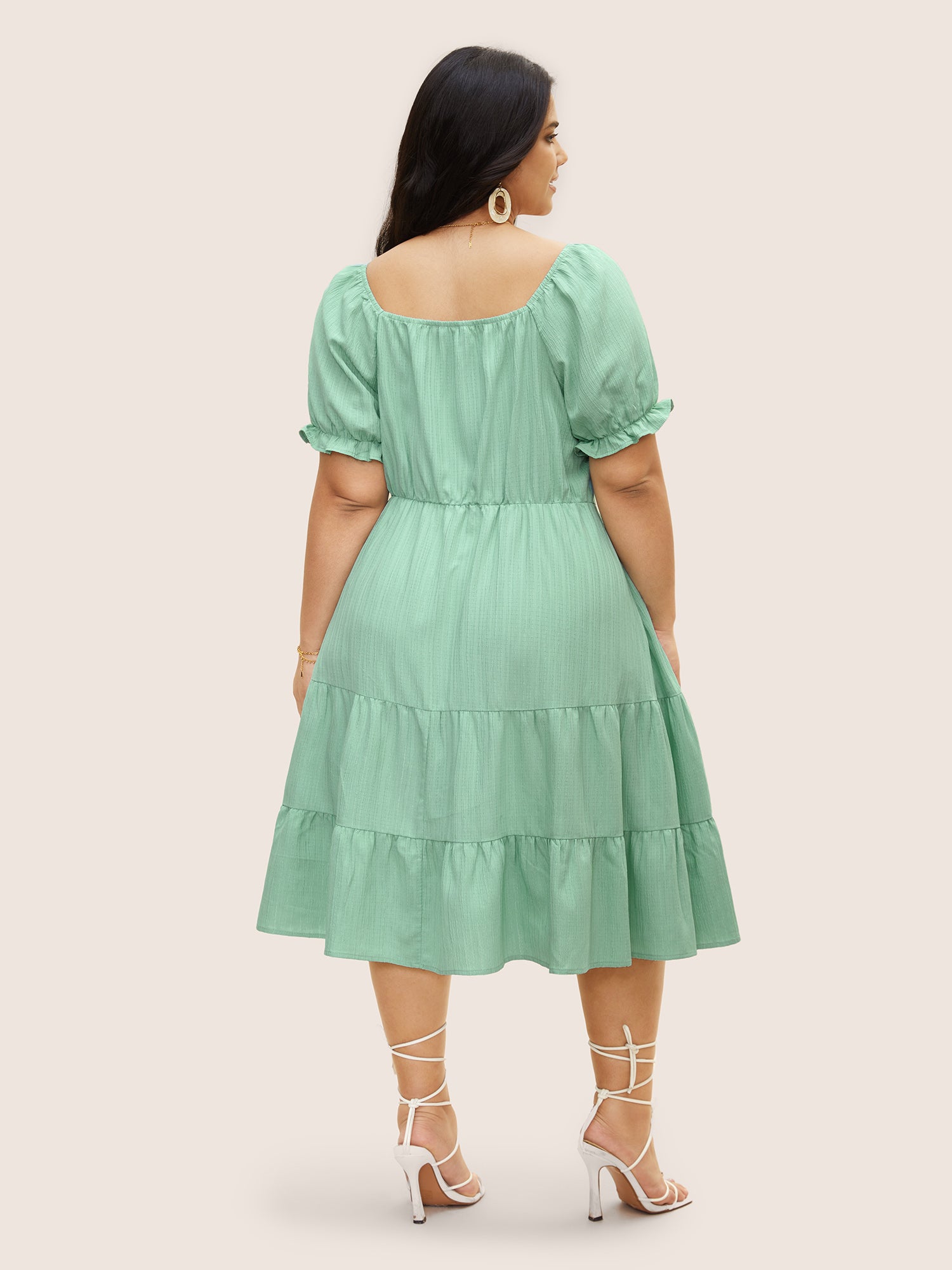 Heart Neckline Drawstring Ruffle Layered Hem Dress