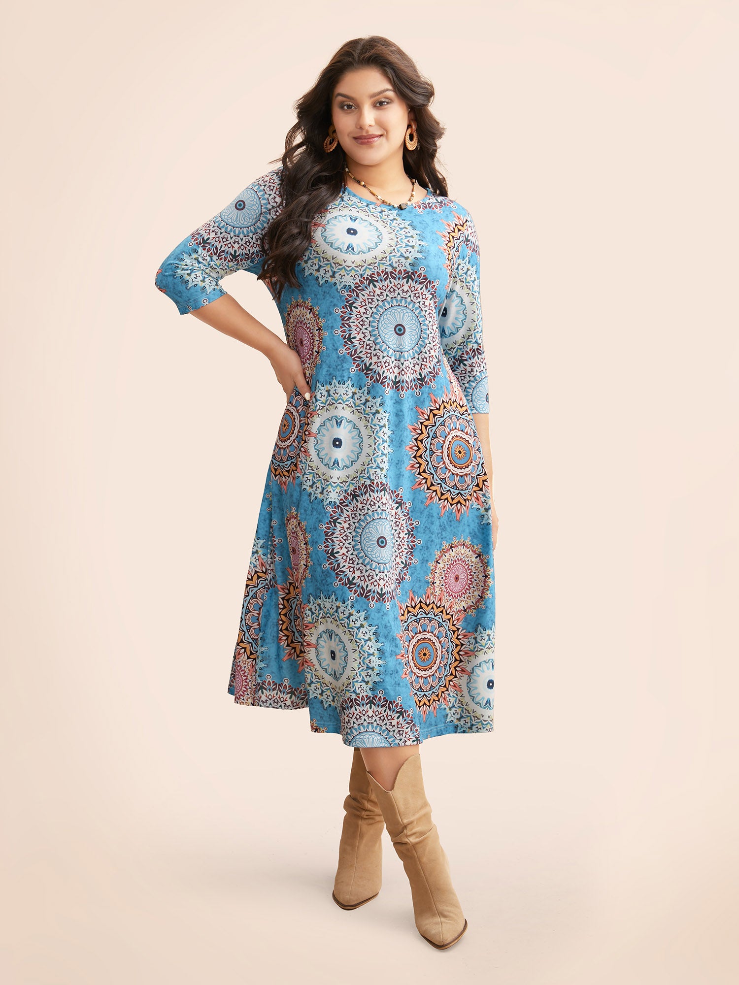 Crew Neck Bandana Print Midi Dress
