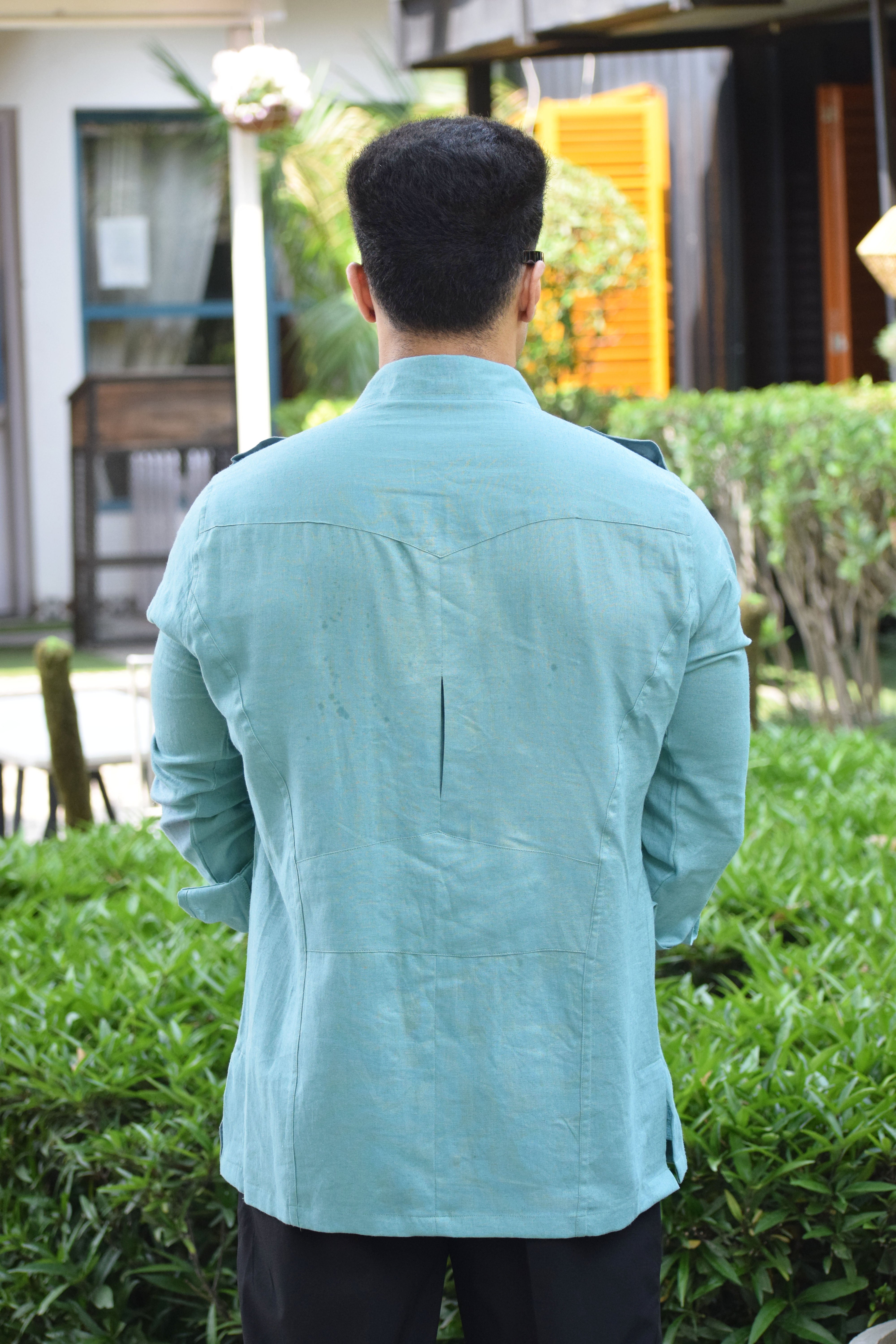 Cotton Linen Cyan Blue Hunting Shirt